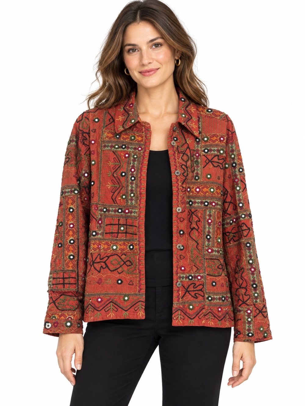 Chico's Embroidered Rust Patchwork Jacket with Mirror Accents